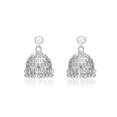 Pair of silver stud jhumka earrings on a white background