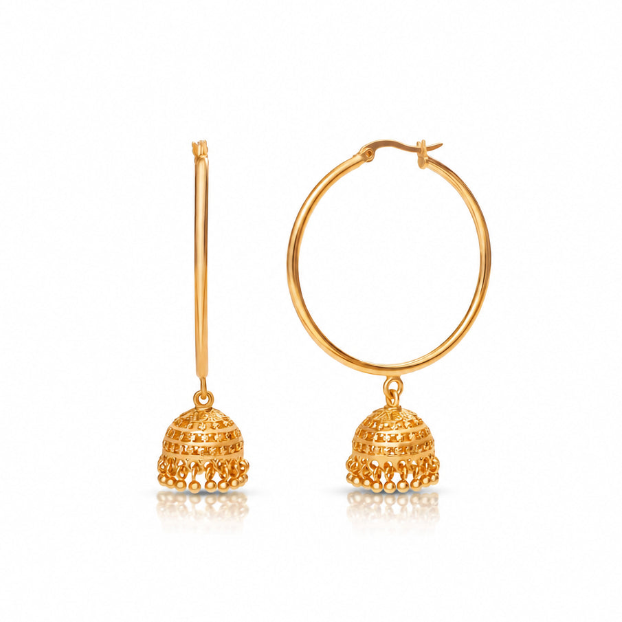 A pair of gold-colored hoop jhumka earrings with intricate detailing and a dome shape, isolated on a white background.