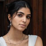 silver beaded necklace on model with silver jhumka earrings