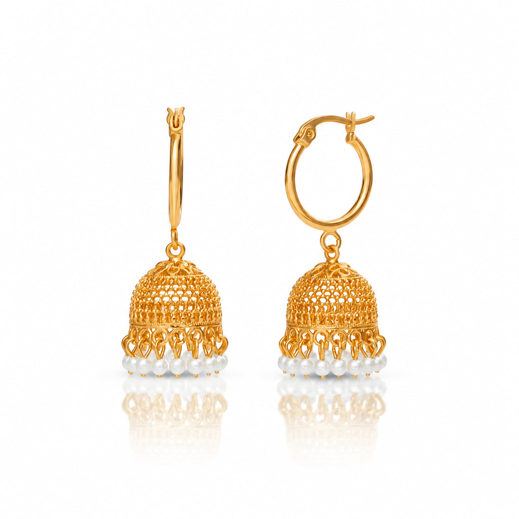 A pair of gold-colored pearl jhumka earrings with intricate mesh design and white pearl accents.