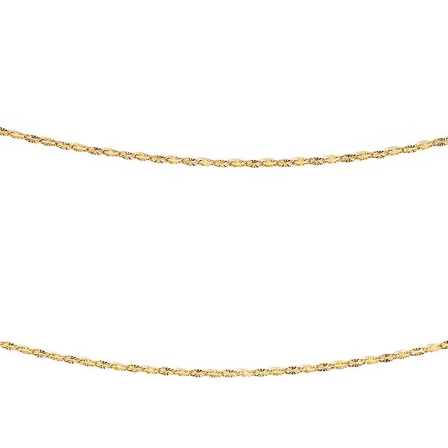 Two gold-colored chains against a white background, a pair of sapna anklets.