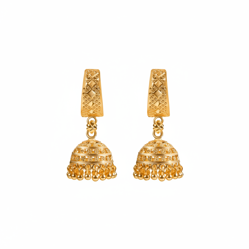 A pair of gold-colored jhumka earrings with intricate detailing and small bead embellishments.